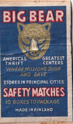 Big Bear, Safety Matches, Made in Finland. faneerilla.  s88