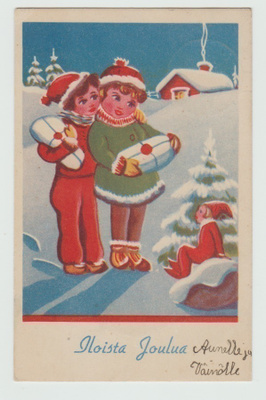 Tyttö ja poika paketteineen tontun luona (*)