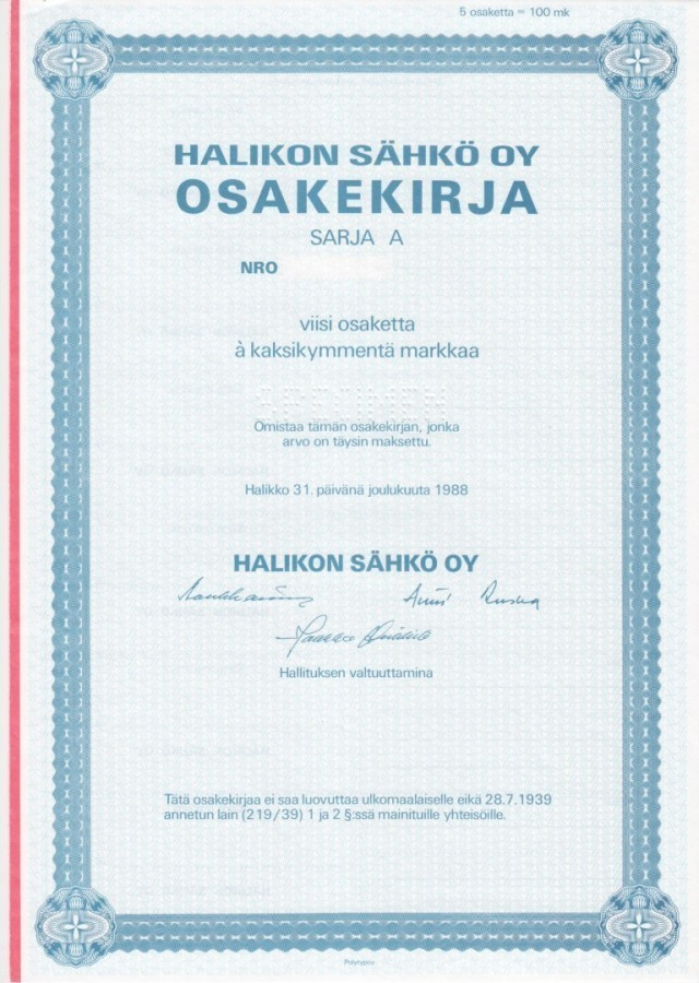 OKK 1988 Halikon Sähkö Oy spec, Halikko osakekirja