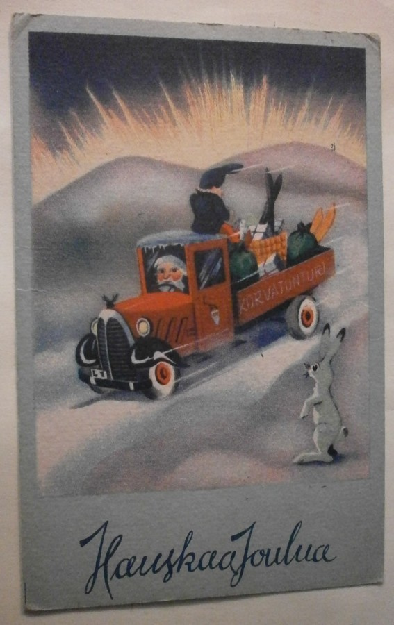 Joulupukki ja tonttu kuorma-automatkalla, p. 1942