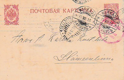 1915, Kortti Warkaus -Hämeenlinna, Sotasensuurin tarkastama
