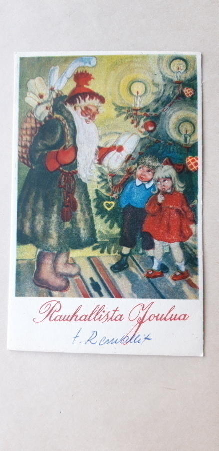 Vanha joulukortti, pukki, kuusi ja lapset v. 1976
