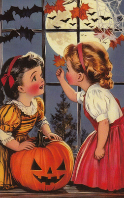 Halloween kaksi tyttöä ja kurpitsa