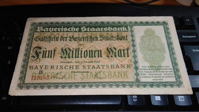 Germany Saksa 5milj. Mark Bavaria 1923 VF