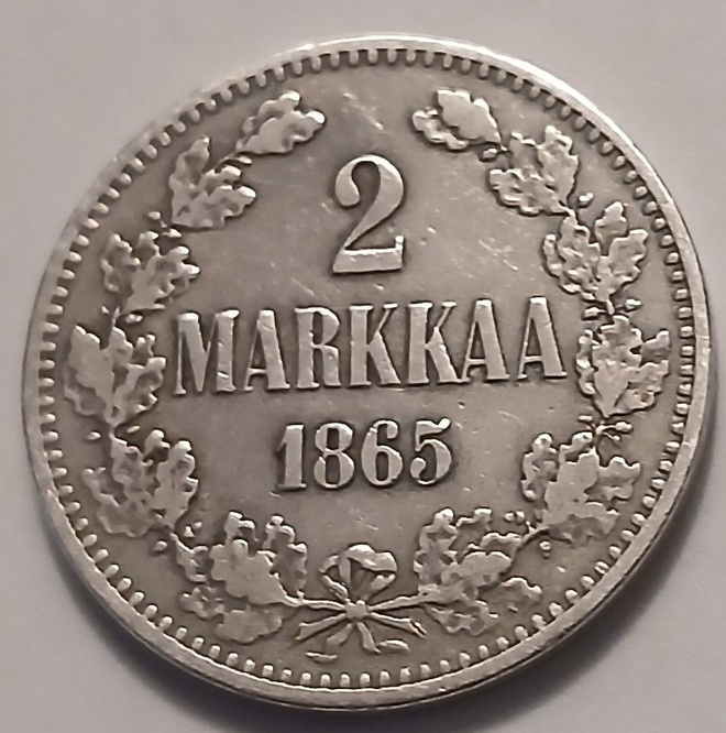 Hopea 2 markka vuodelta 1865.