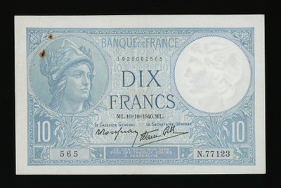 Ranska 10 Francs 10.10.1940, Minerve modifioitu, P-84 F+