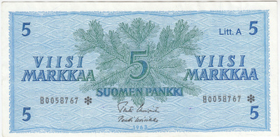 5 Markkaa 1963 Litt.A B-sarjaa tähdellä, kl.6
