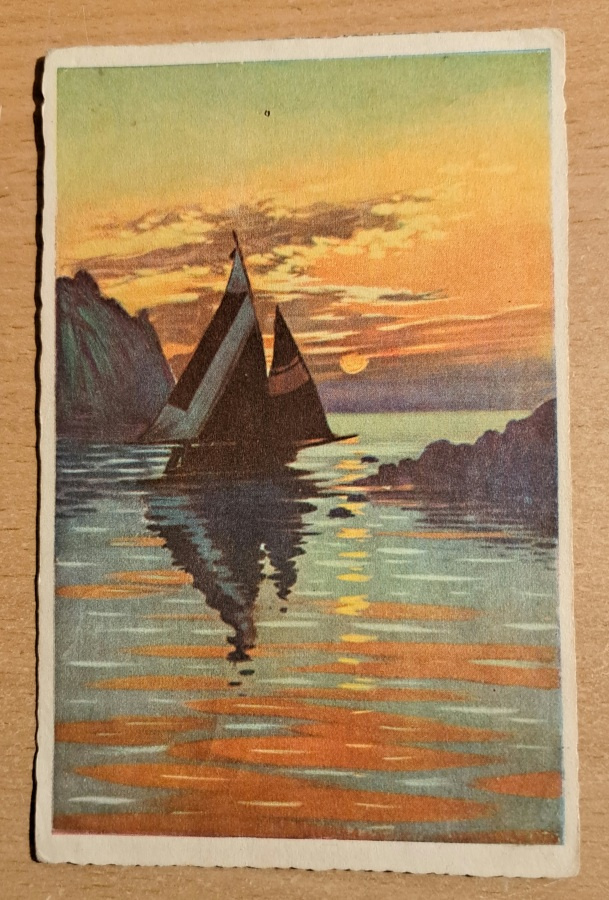 purjevene, auringonlasku, kulkenut, postitettu Viipuriin