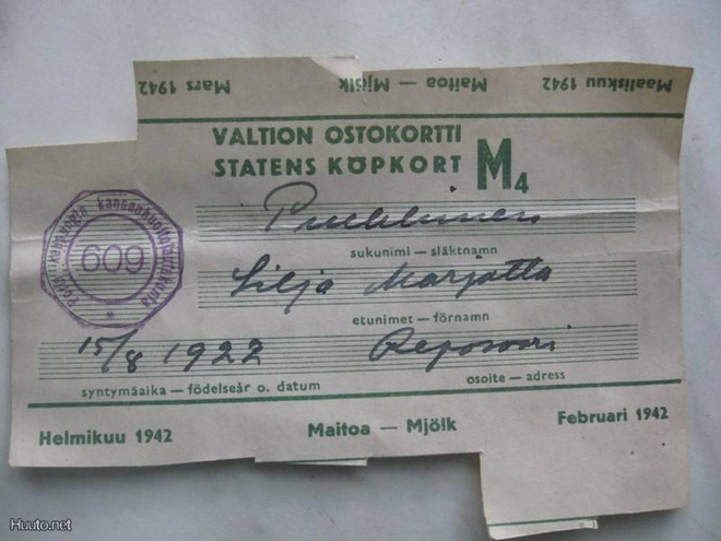 VALTION OSTOKORTTI M4 MAALISKUU 1942