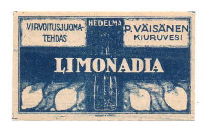 Vanha etiketti P.Väisänen Kiuruvesi LIMONADIA Etiketti