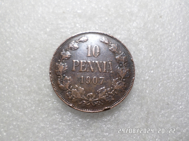 10 penniä 1907 vähän kulunut mutta   reuna karheutta   .