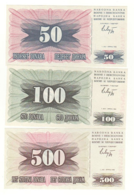 Bosnia & Herzegovina 50 , 100 ja 500 Dinaria 1992