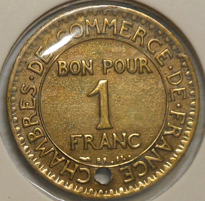 France. 1 franc 1924. Reikä.