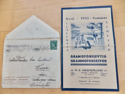 VANHA Levyluettelo Musiikikauppa Lindgren 1933 +Alkup Kuori