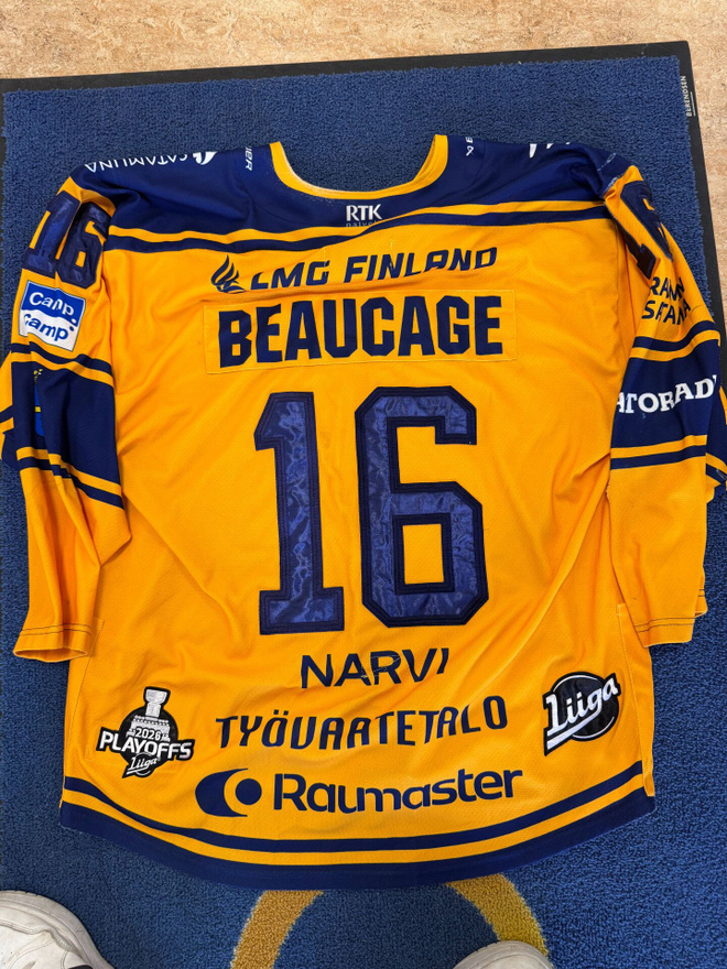 Alex Beaucage #16 Game Worn -vieraspelipaita Rauman Lukko