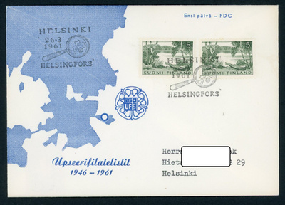 FDC 1961 Yleismerkki järvimaisema 5 mk pari kuorella