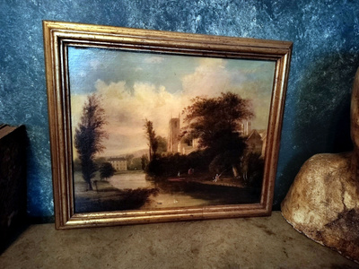 Upea öljymaalaus "Linna joenvarressa", 1800-l.