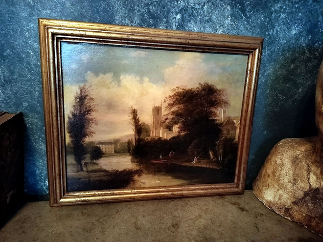 Upea öljymaalaus "Linna joenvarressa", 1800-l.