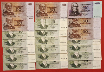 21 x TÄHTI: 10 + 50 + 100 mk. Ryppyiset, kunto 3-4. (KD16)