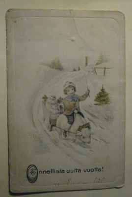 Lapsi ratsastaa possulla, Uuden Vuoden pk, kulk.
