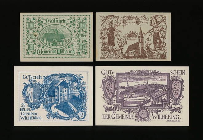 Itävalta Notgeld 10, 20, 25, 50 Heller, Wilhering 1920