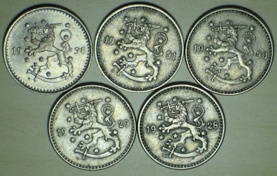 SUOMI 1 markka 5 kpl 1928 1929 1930 1931 1938