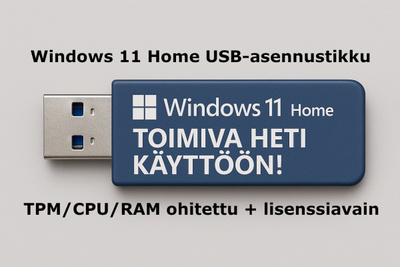 Windows 11 Pro USB (TPM/CPU/RAM ohitettu) + lisenssiavain