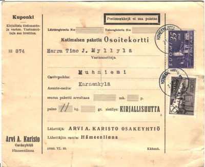 PAKETIN OSOITEKORTTI HÄMEENLINNA-MUHNIEMI,KARNENKYLÄ