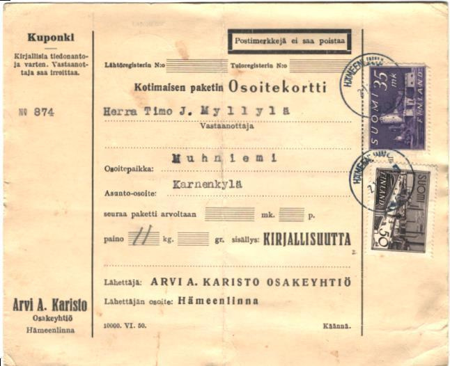 PAKETIN OSOITEKORTTI HÄMEENLINNA-MUHNIEMI,KARNENKYLÄ