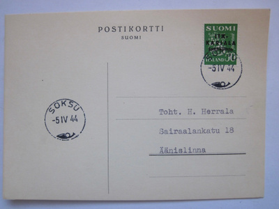 Postikortti Itä-Karjala Sot.Hallinto Soksu Leima 1944