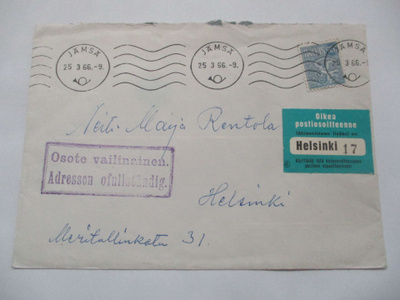 1966 Jämsä + "osote vailinainen." kuorella