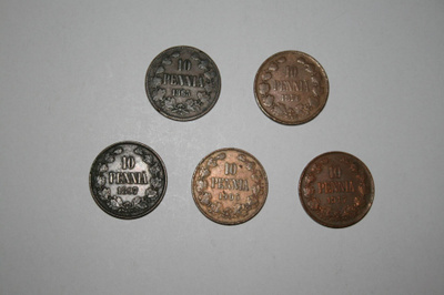 Suomi 10penniä kuparirahoja alk. v.1865
