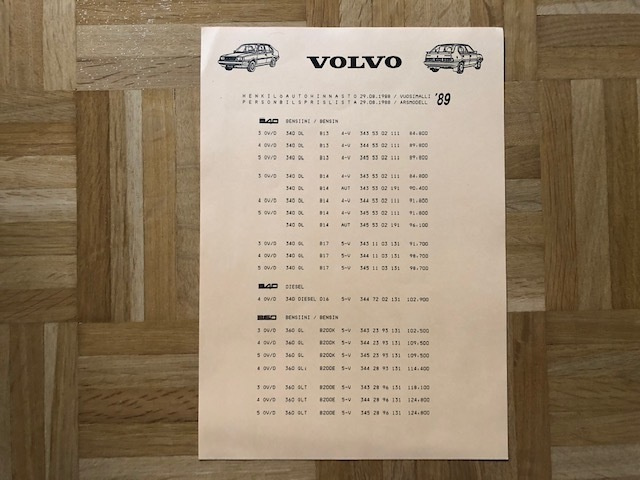 Hinnasto Volvo 340 360, 1989. Esite