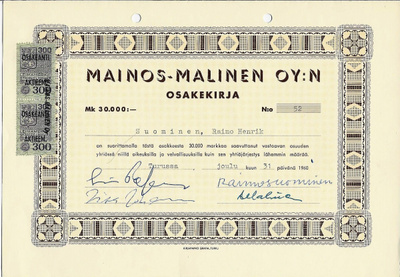 OKK 1960 Mainos-Malinen Oy, Turku osakekirja