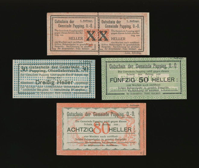 Itävalta Notgeld 20, 30, 50, 80 Heller, Pupping, Painos I