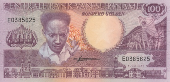 (B0095) SURINAM, 1986. 100 Gulden. P-133a. UNC