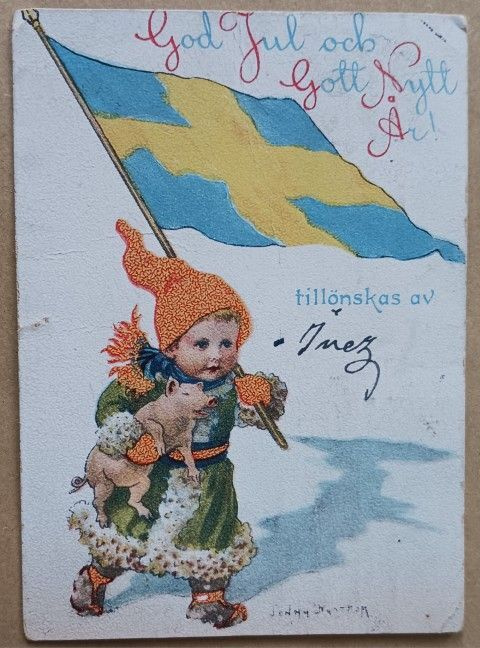 Jenny Nyström: Lapsi possu kainalossa, lippu kädessä p. 1918