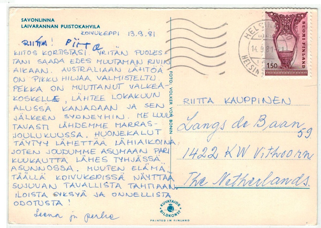 1976 1,50 mk kousa postikotyyi Hollantiin