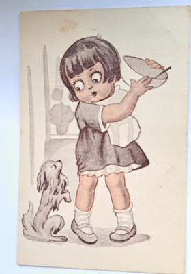 tytöllä kulho, koira kerjää, kolmiväri, kulkenut 1954