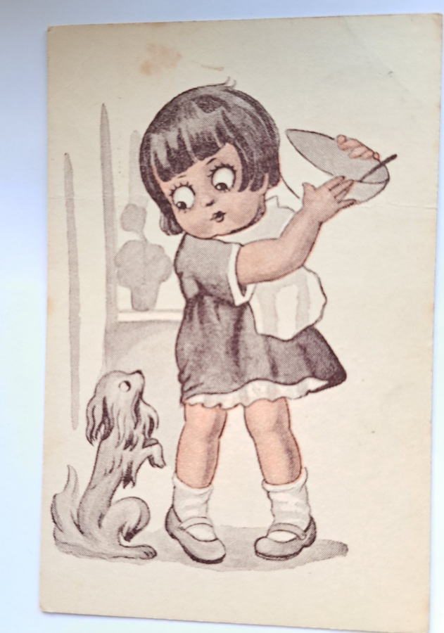tytöllä kulho, koira kerjää, kolmiväri, kulkenut 1954