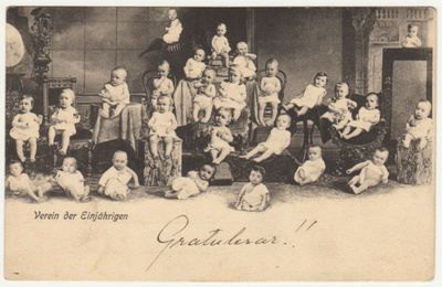 "Yksivuotiaiden yhdistys" Vauvoja vanha kortti 1900-l alku
