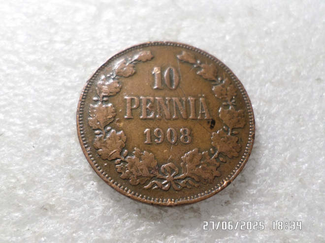 10 penniä  1908  Kulkematon  virheetön raha.