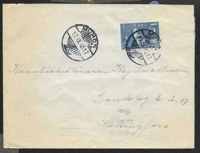 Postilähetys - Yl.m. 5mk (LAPE 155) Muhos 17.9.1945