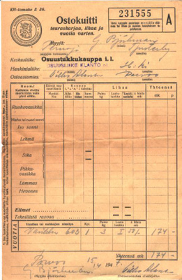OSTOKUITTI  OSUUSLIIKE ELANTO  HELSINKI -PERNAJA / tjusterby
