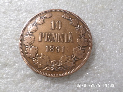 10  penniä  1891  siistikuntoinen  kl 8-9 .