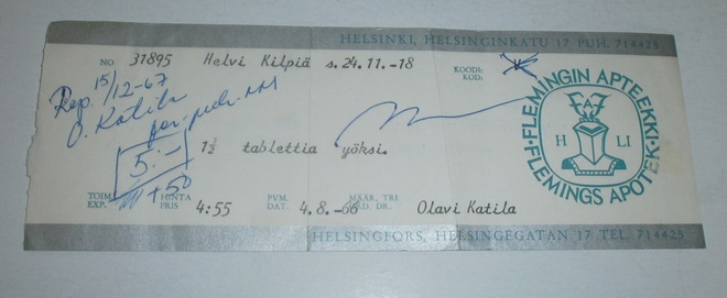 Apteekkiresepti, Flemingin apteekki, Helsinki 1966