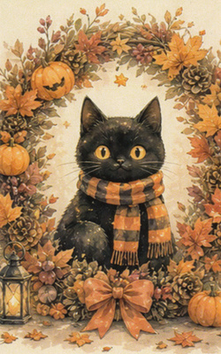 Pieni halloween-kissa ja syksyseppele