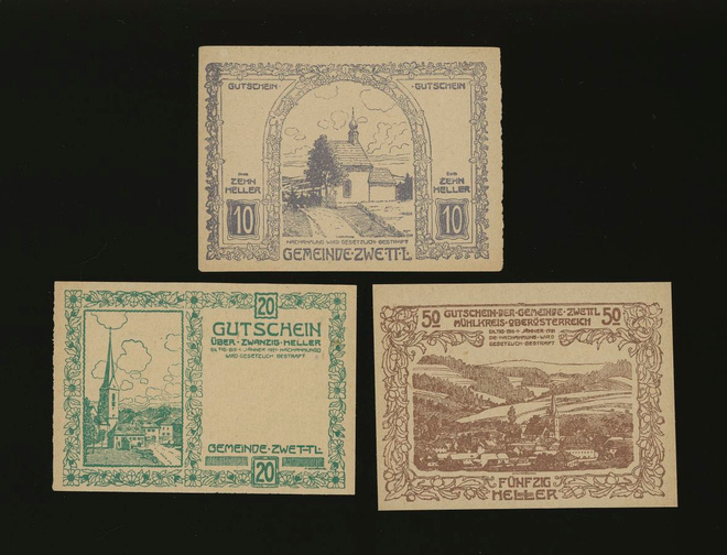 Itävalta Notgeld 10, 20, 50 Heller, Zwettl 1920