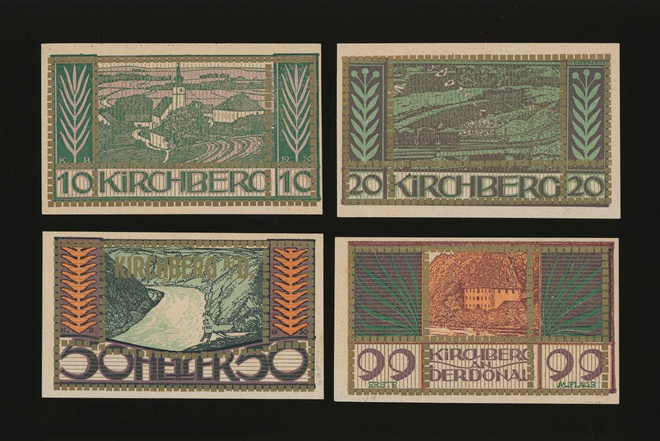 Itävalta Notgeld 10, 20, 50, 99 Heller, Kirchberg