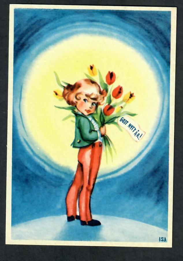 Joulu - Poika ja tulppaanit - Kortti 1940-50-luvulta